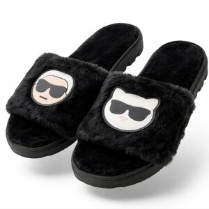 Karl Lagerfeld PARIS Fur Slippers Cat Logo Womens size 7 9 black